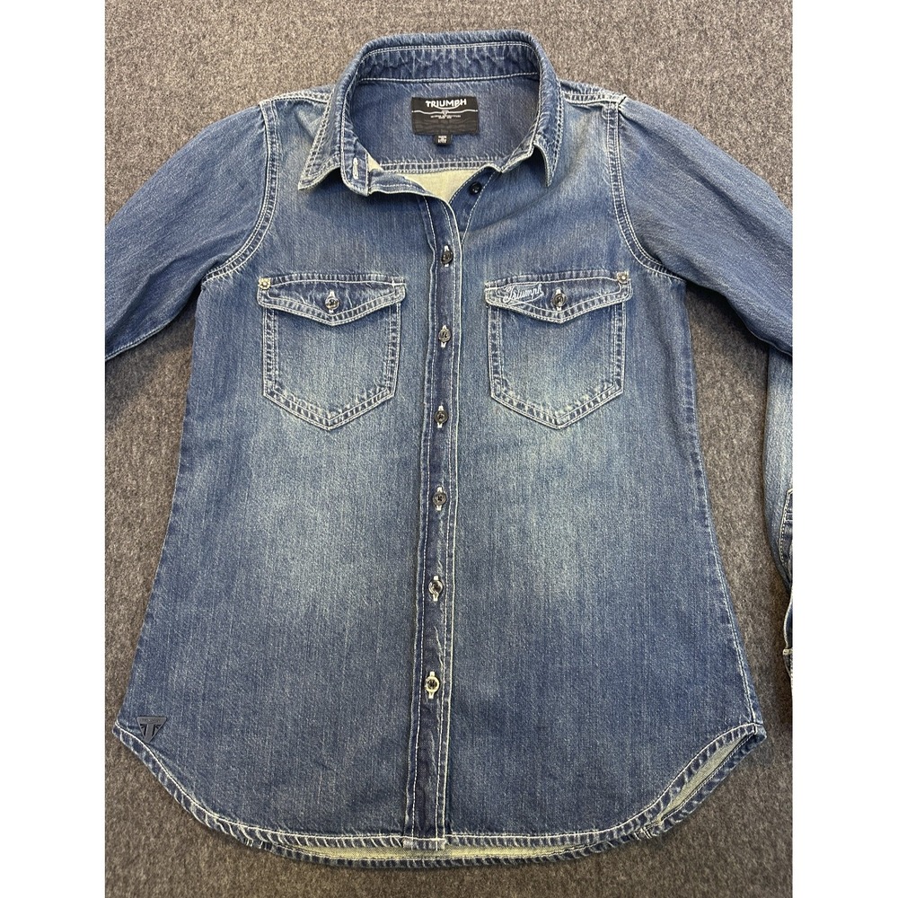 Triumph Motorcycles Denim Button Front Shirt Western Cotton Blue Women's Small - Picture 3 of 15
